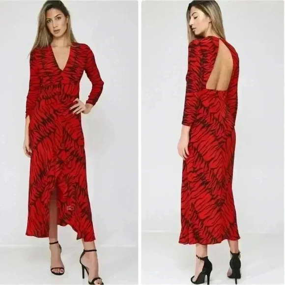 Rixo Adriana Zebra Striped Animal Print Red Black Silk Maxi Dress Size Small - Picture 2 of 16